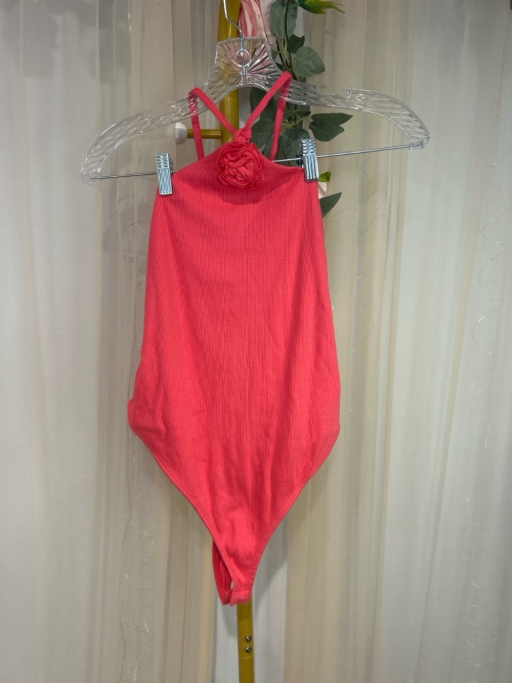 Wild Fable Pink Ribbed Halter Bodysuit Floral Detail NWT